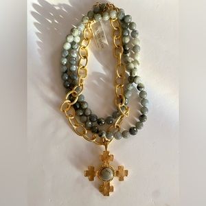 NWT Susan Shaw Gold Quad Cross on Genuine Labradorite Multi Strand Necklace